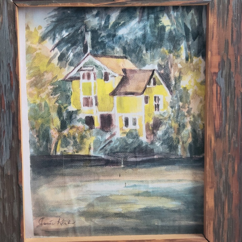 Vintage Signed Watercolor House Landscape Framed Art 8x10 Rustic Frame